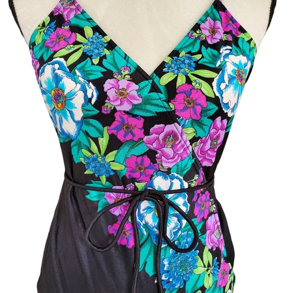 Vintage Sassafras black neon floral one piece swimsuit wrap open back medium - Picture 4 of 7